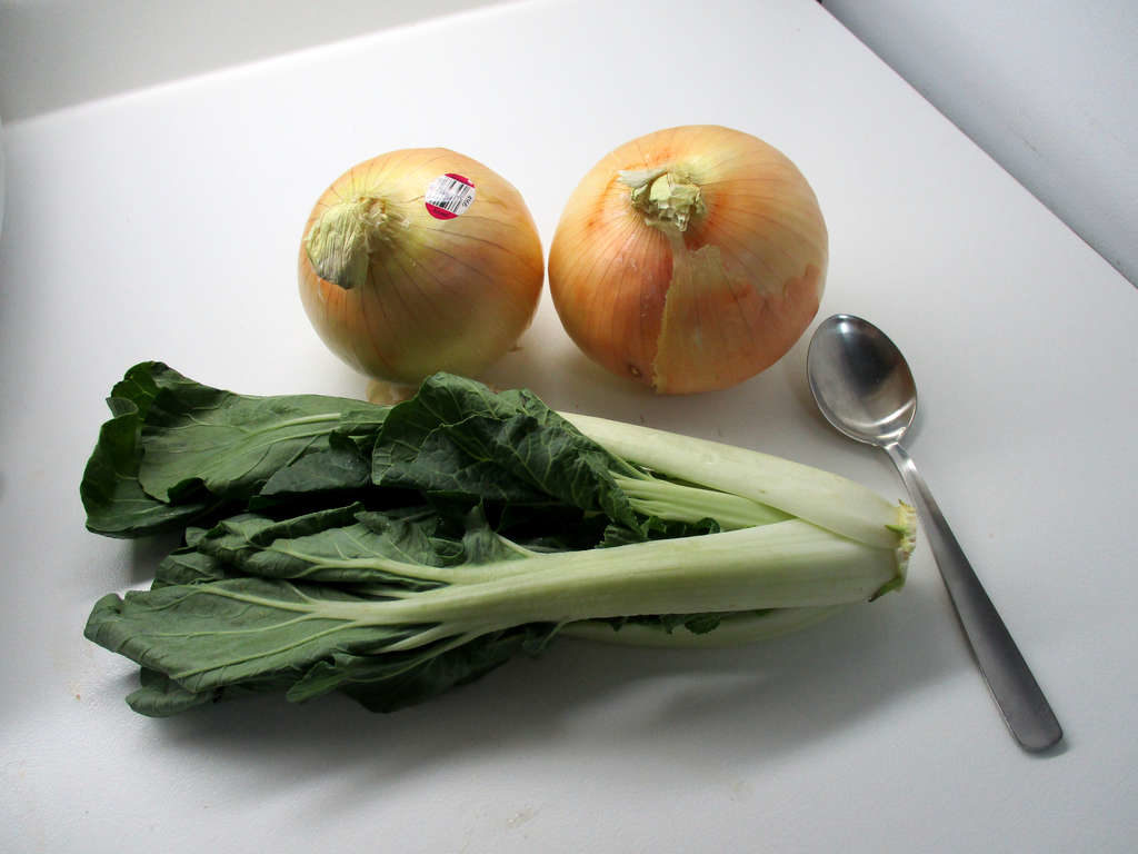 High angle view of large onions with bok choi and spoon for scale