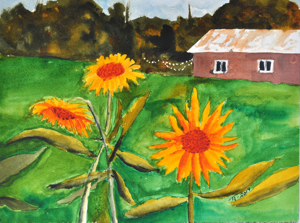 painting of sunflowers in front of a barn, final version, signed, cropped image
