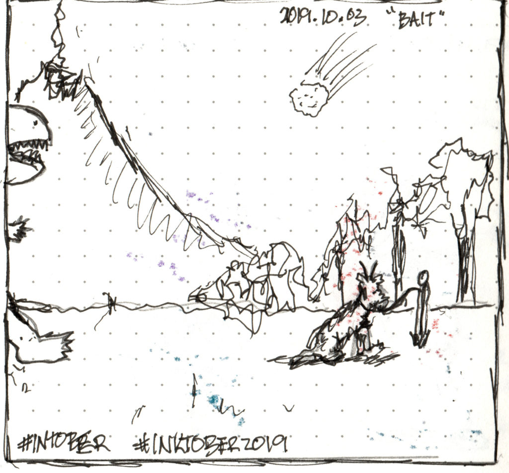 sketch of a goat tied to a post, a T-rex just appearing in the frame, volcano smoking in the background and an incoming meteor