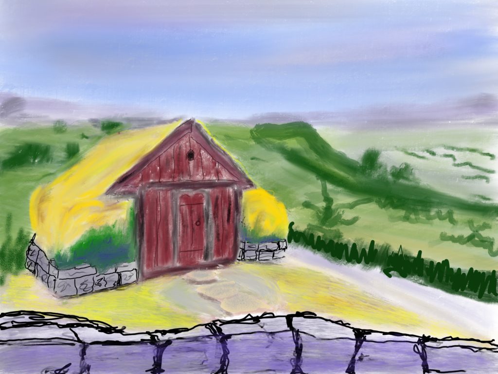 digital painting of a small grass-roofed hut in the mountains.