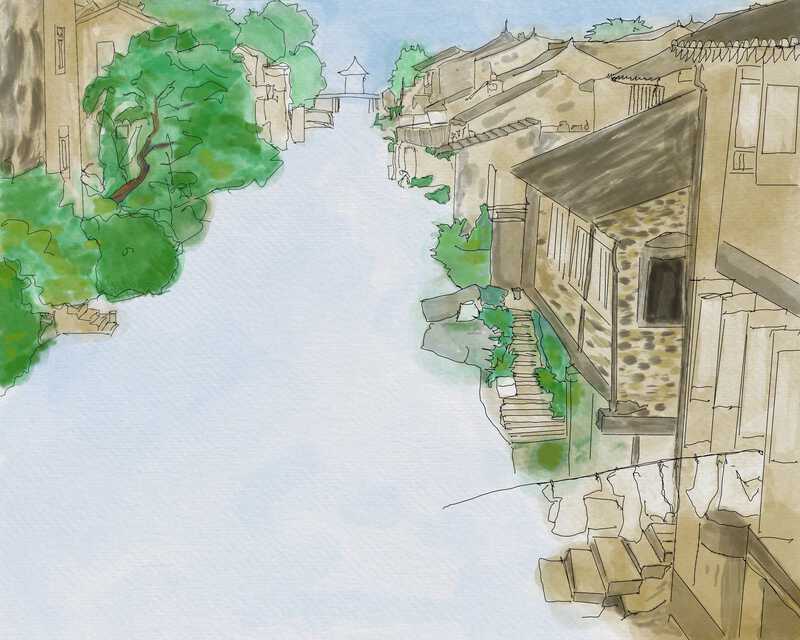 ink, water, sky, buildings, trees, details layers together