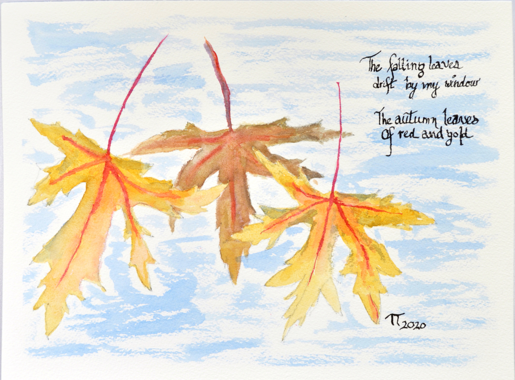 painting of autumn leaves with first stanza of the lyrics from the song "Autumn Leaves"