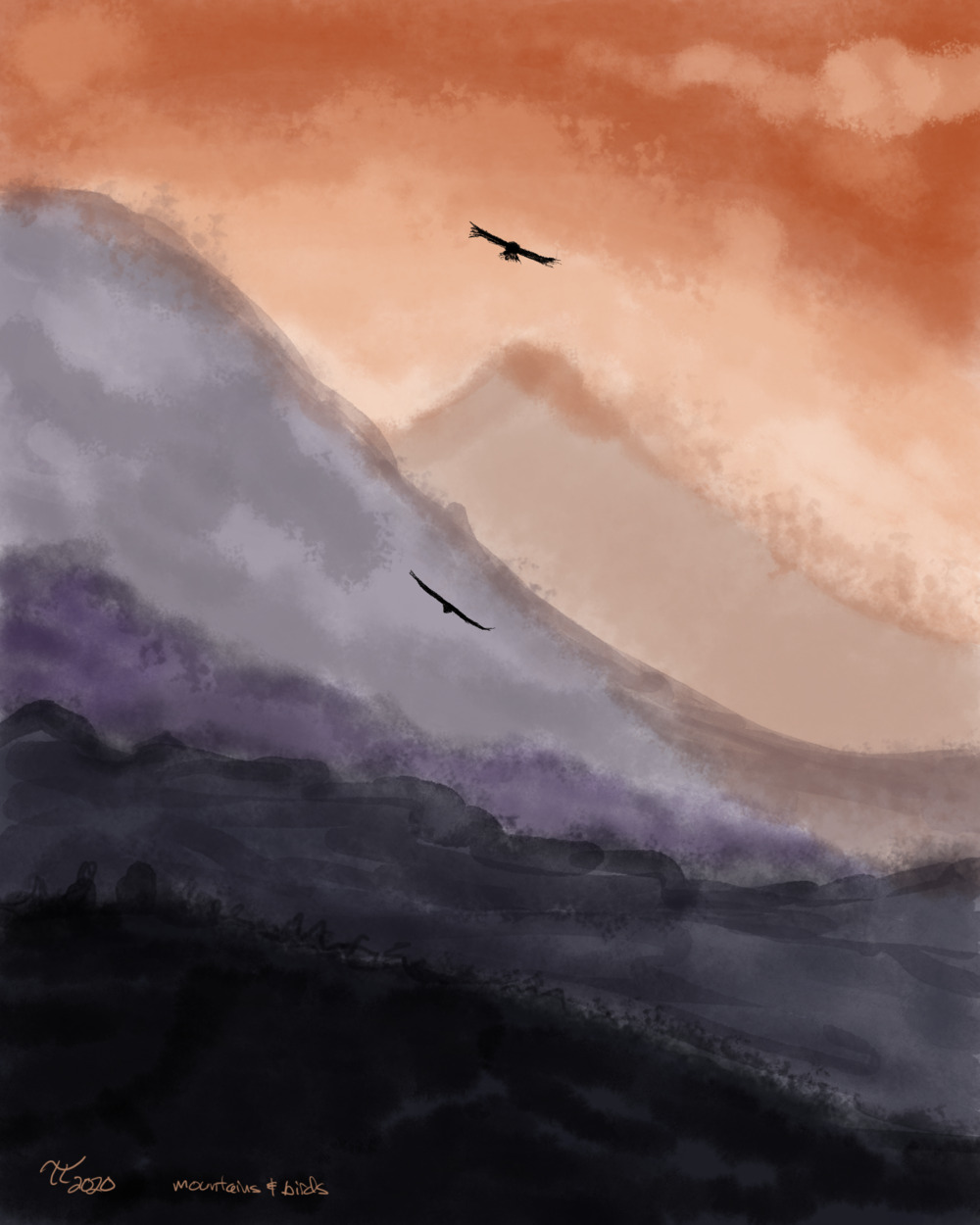 painting of mountains receding, and orange hazy sky, and two birds in silhouette