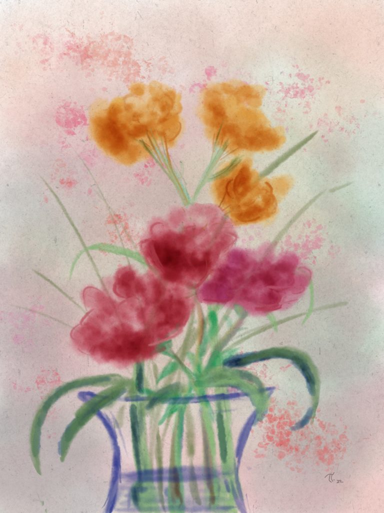 digital painting of red and yellow flowers set in a vase with some green grasses
