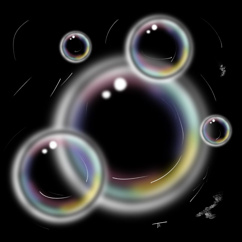 digital painting of soap bubbles of various sizes on a black background