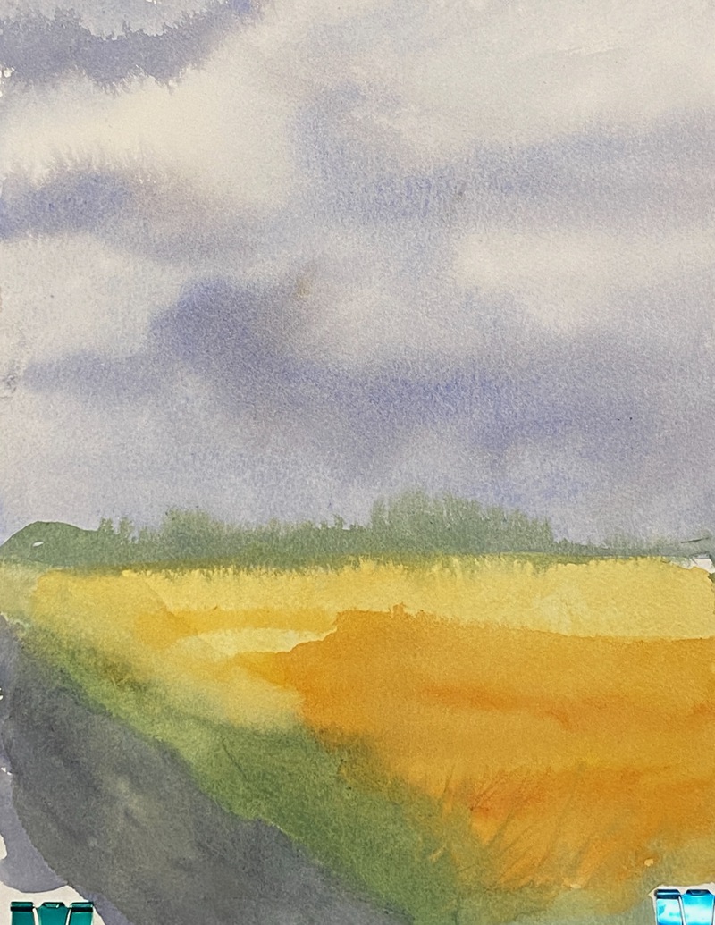 painting with a cloudy sky, yellow fields, with a bit of highway off to the lower left. a row of trees can be seen in the distance